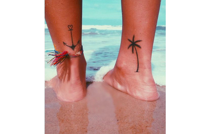 Anchor Palm Tree Tattoo On Ankles For Beaches Traveler