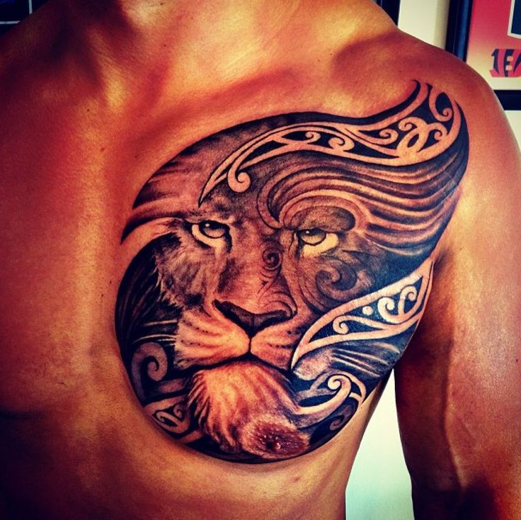 Angry Lion Face Tattoo On Chest