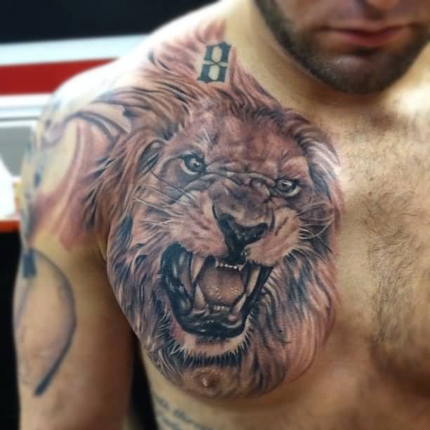 Angry Lion Tattoo On Chest For Men