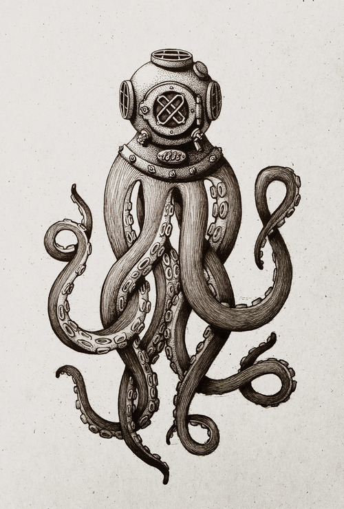 Antique Dive Helmet Octopus Tattoo Design