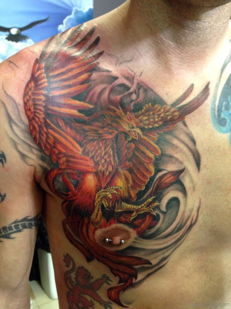 Attractive Flying Phoenix Tattoo On Chest