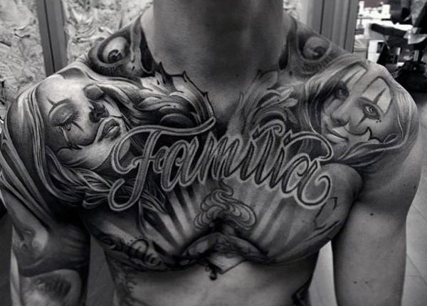 Awesome Grey Ink Girls With Wording Tattoo on Chest
