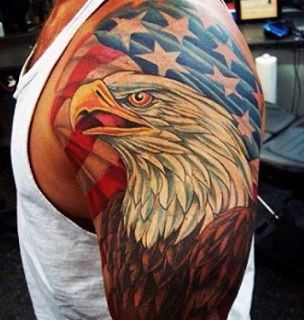 Bald Eagle With American Flag Tattoo On upper Arm