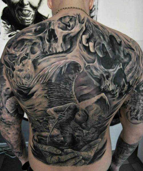 Big Black Ink Detailed Fallen Angel Tattoo On Full Back Combined With Skulls