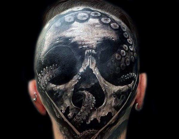 Black 3D Skull & Octopus Tattoo On Head