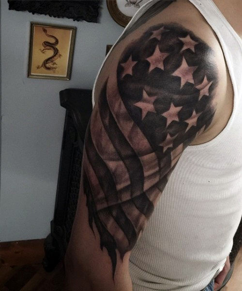 Black And Gray US Flag Tattoo On Bicep