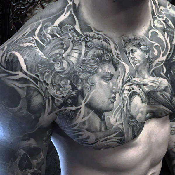 Black And Grey Ancient Roman Sculpture Tattoo on Chest For Men