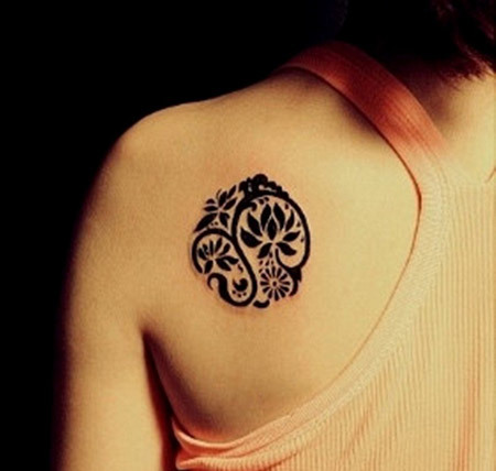 Black Bold Lotus Flower tattoo On Left back Shoulder