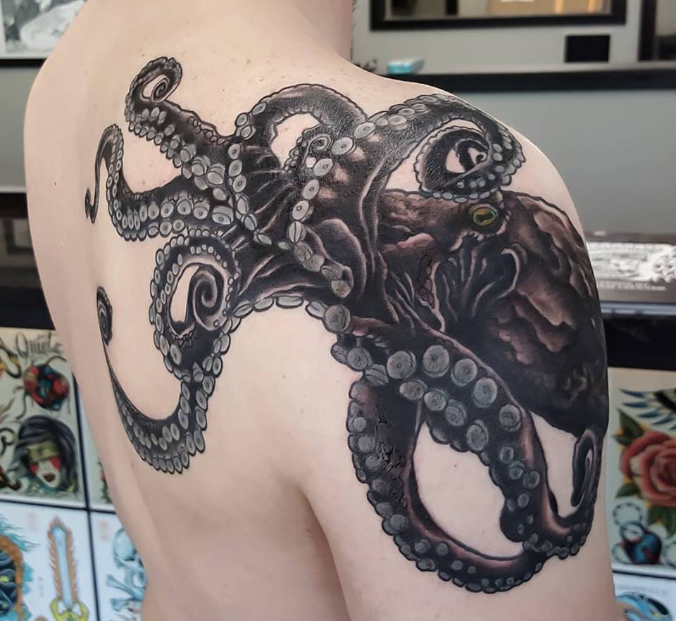 Black Dark Octopus Tattoo On Men Shoulder & Back