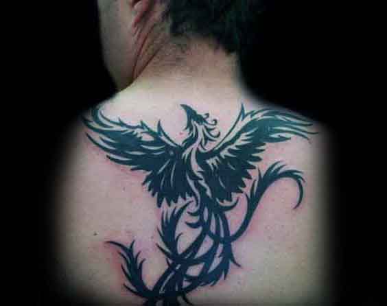 Black Flying Phoenix Tattoo On Upper Back