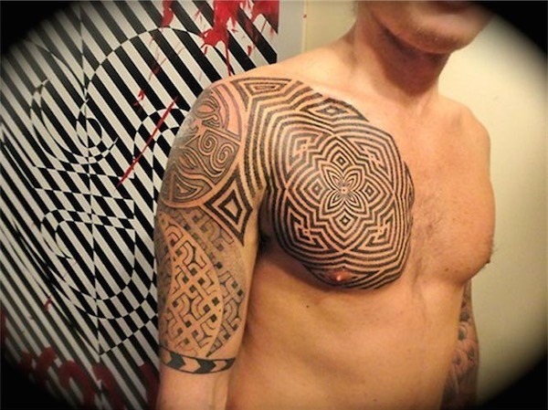 Black Geometrical Flower Tattoo Design On Half Chest & Shoulder For Men
