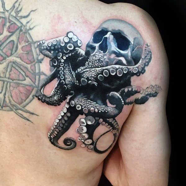Black & Grey 3D Skull Octopus Tattoo On Shoulder Blade