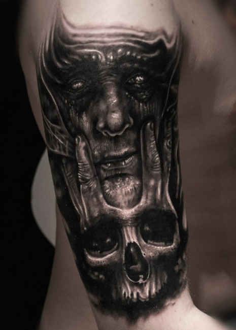 Black & Grey Dark 3D Demon Tattoo On Half Sleeve For Men