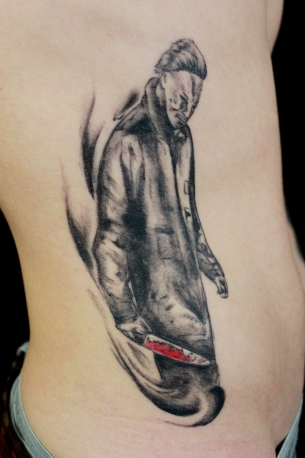 Black & Grey Horror Demon With Bloody Dagger Tattoo On Side Rib