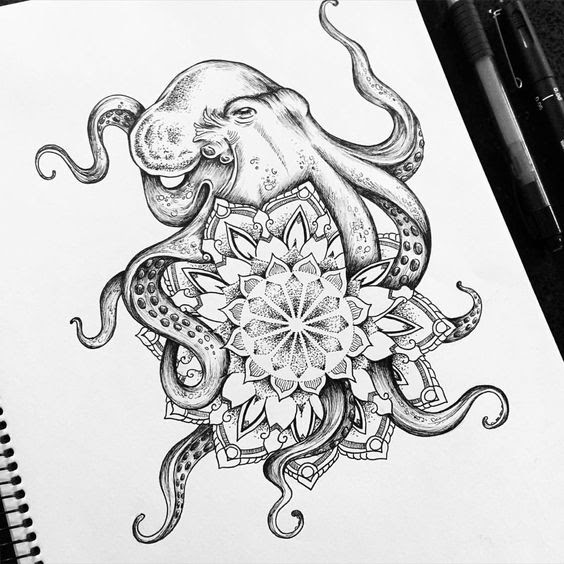Black & Grey Mandala Flower and Octopus Tattoo Design For Chest & Back