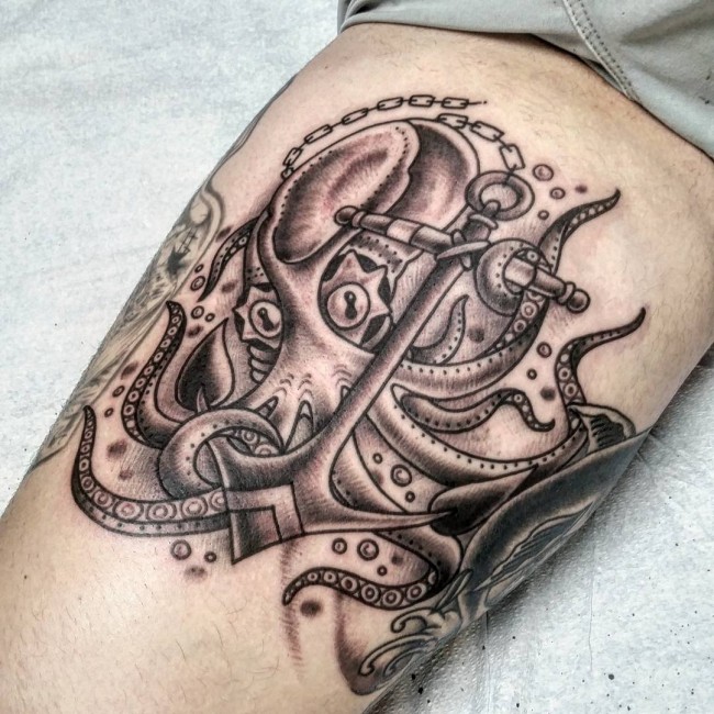 Black & Grey Octopus Holding An Anchor Tattoo On Calf (Leg)