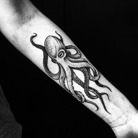 Black & Grey Octopus Tattoo On Forearm