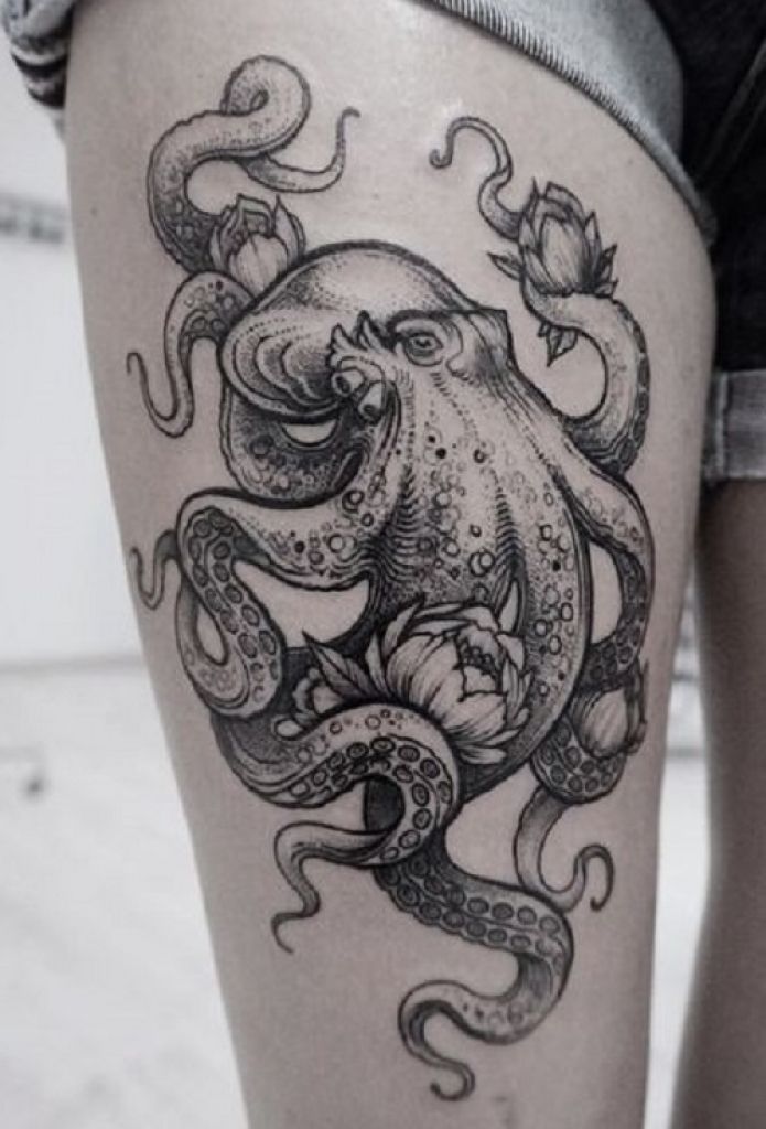 Black & Grey Octopus With Flowers Tattoo On Thigh For Girls