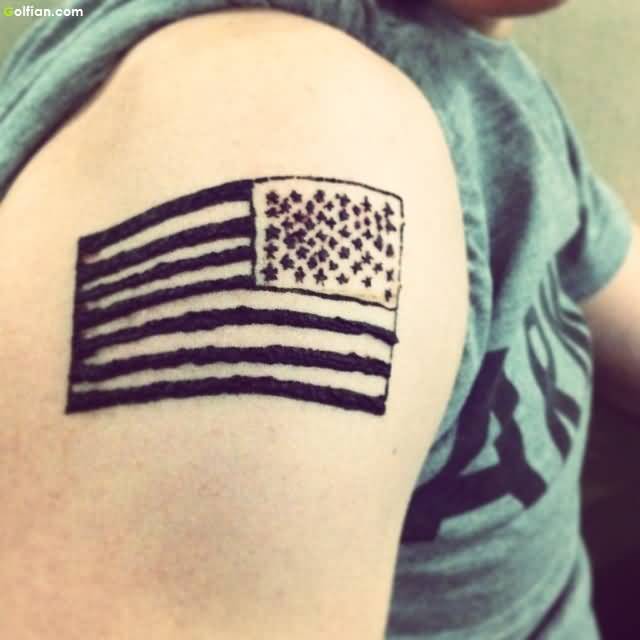 Black Ink American Flag Tattoo On Upper Arm