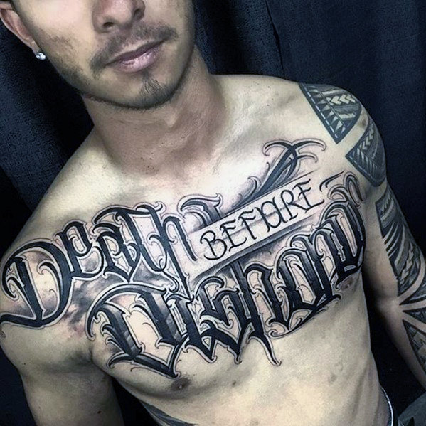Black Ink Death Before Dishonor Mens Script Chest Tattoo