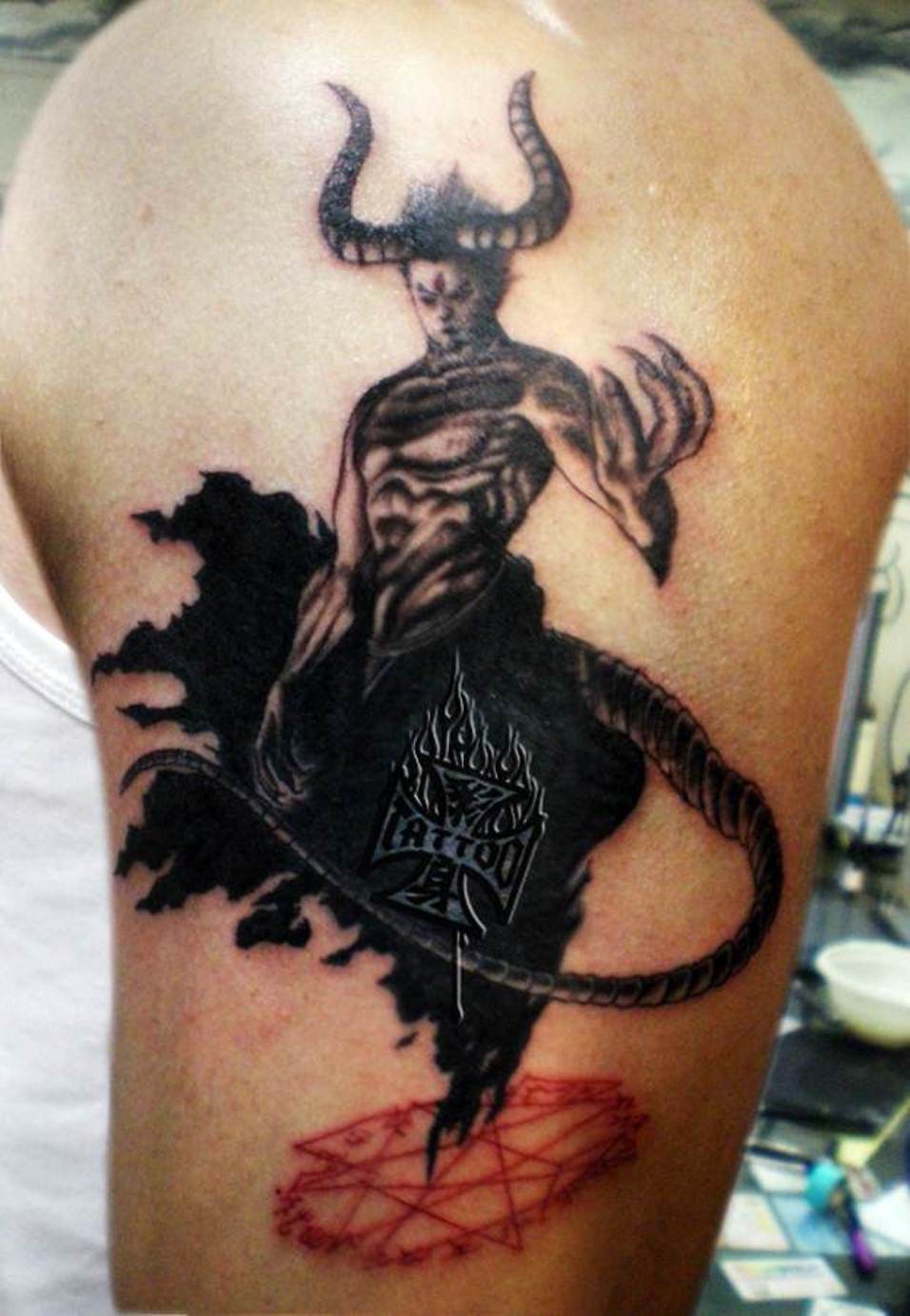 Black Ink Demon With Horns Tattoo Design On Half Sleeve