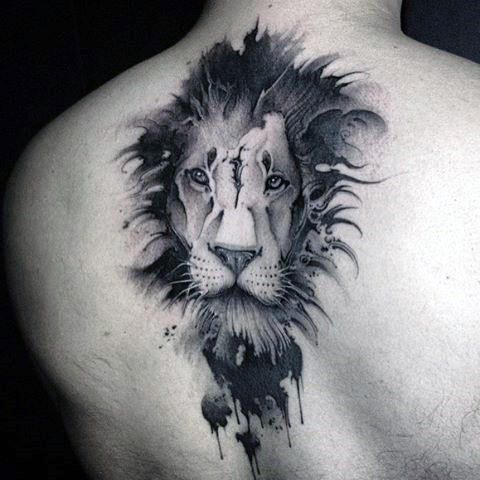Black Ink Lion Tattoo On back