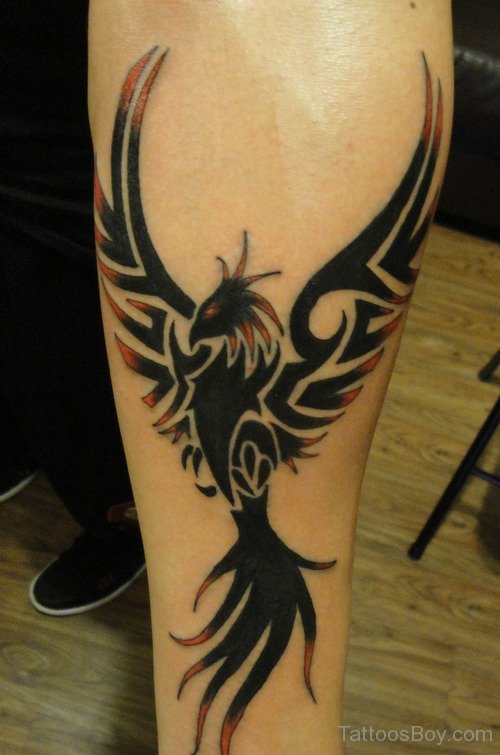 Black Ink Rising Phoenix Tattoo On Leg