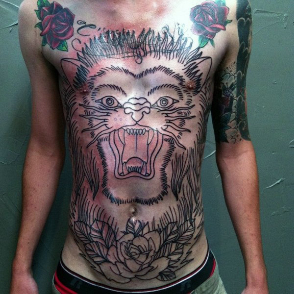 Black Ink outline Lion Tattoo On Chest