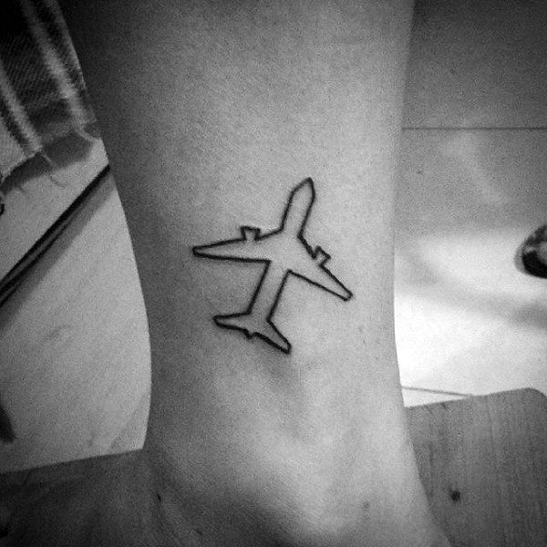 Black Outline Airplane Traveler Tattoo on Leg