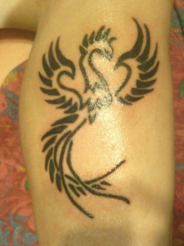 Black Phoenix Tattoo On Leg Calf