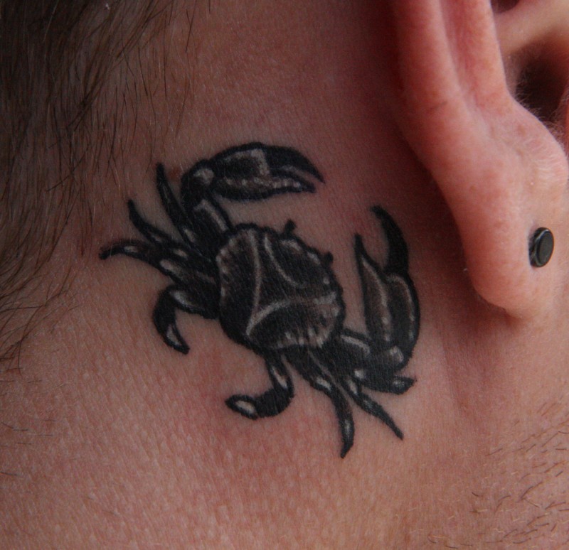Black Small Crab Tattoo behind the ear