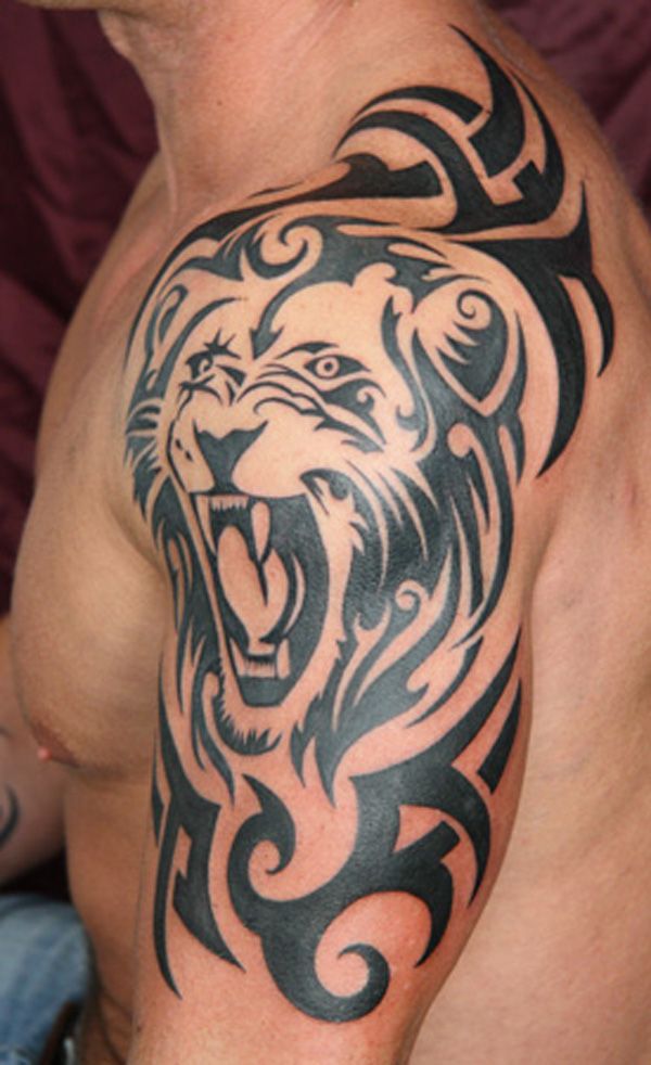 Black Tribal Lion Head Tattoo On Upper sleeve