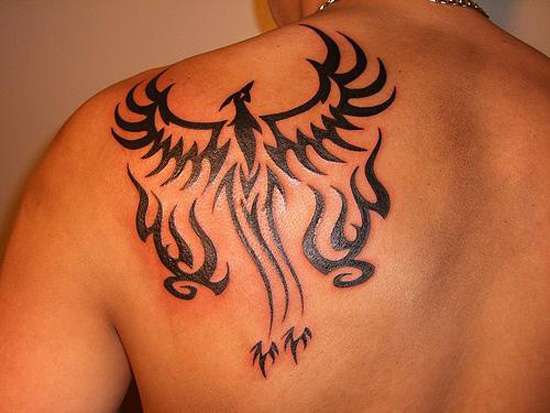 Black Tribal Phoenix Tattoo On back Shoulder