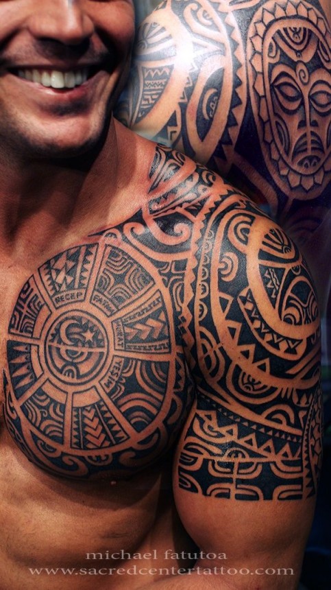 Black Tribal Shoulder & Half Chest Tattoo For Men