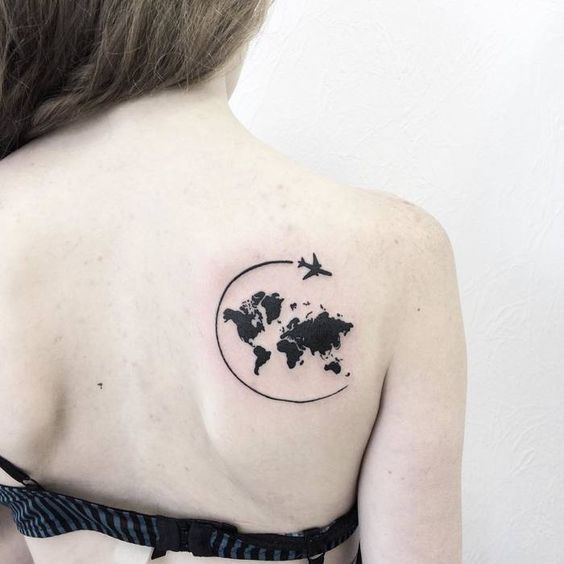 Black World Map With Airplane circling around it Tattoo Design For Travel Lovers