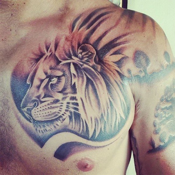 Black and Grey Realistic Lion Tattoo On Half Chest for Men