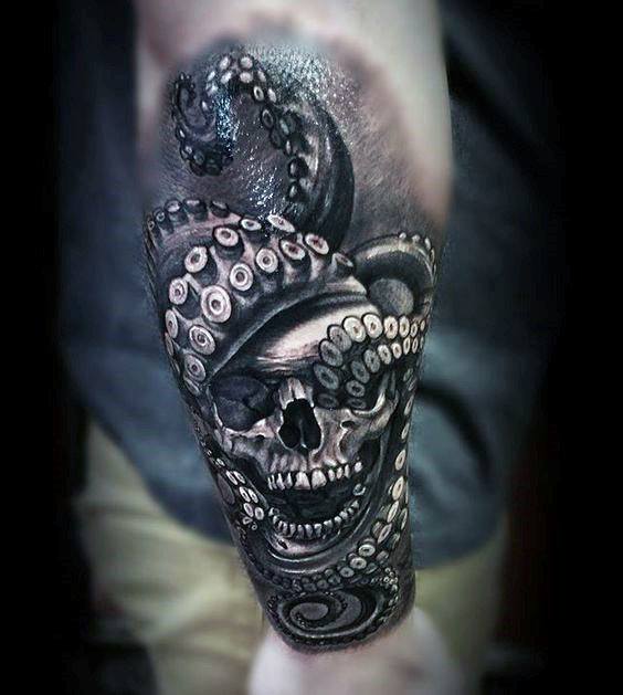 Black and Grey Skull Octopus Tattoo On Outer Forearm For Men