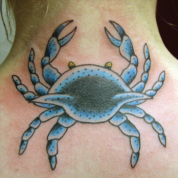 Blue And Black Crab Tattoo On Back nexk
