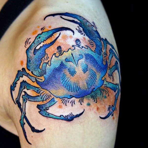 Blue And Orange Ink Crab Tattoo On upper Arm