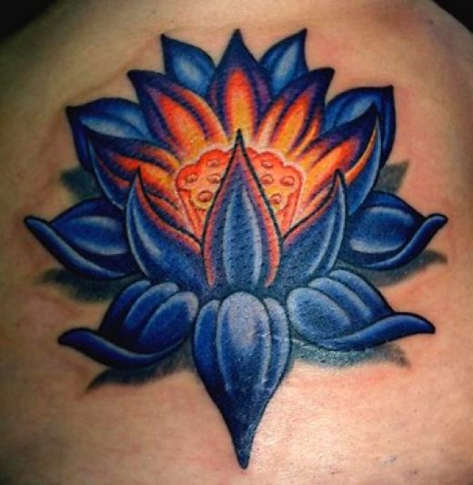 Blue And Orange Japanese Lotus Flower Tattoo Design
