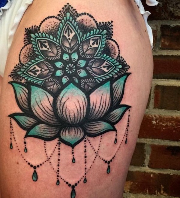 Blue And White Lotus Tattoo On thigh