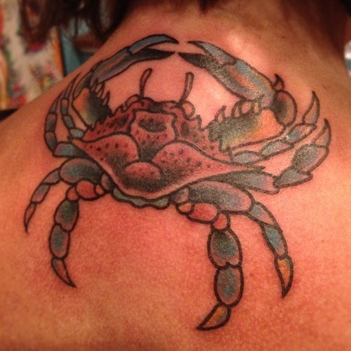Blue Crab Tattoo On Back Shoulder