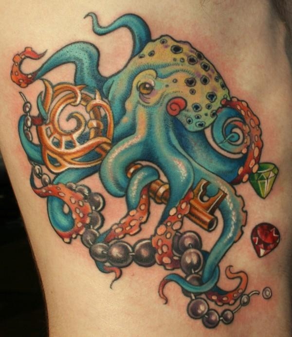 Blue Octopus Holding An Key Tattoo Design On Siderib