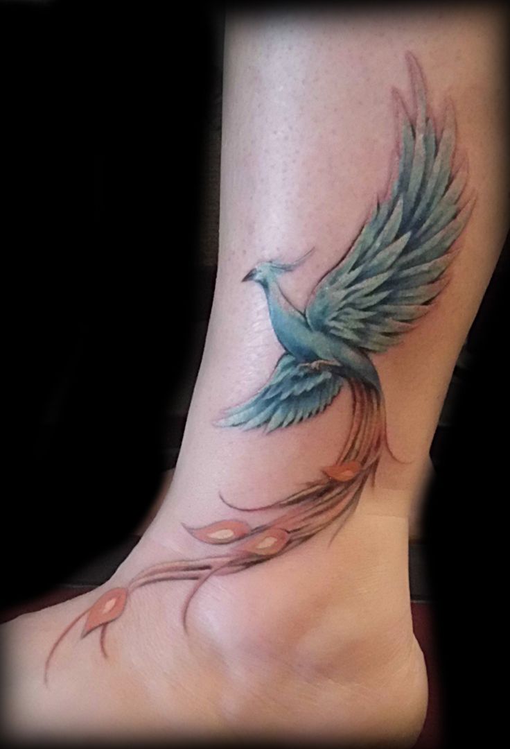 Blue Phoenix Tattoo on Lower Leg
