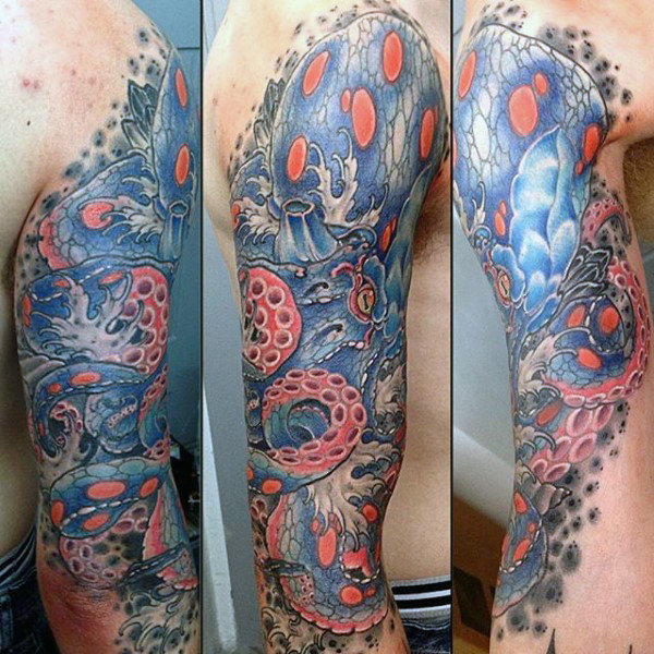 Blue & Red Marine Octopus Tattoo On Full Sleeve For Men