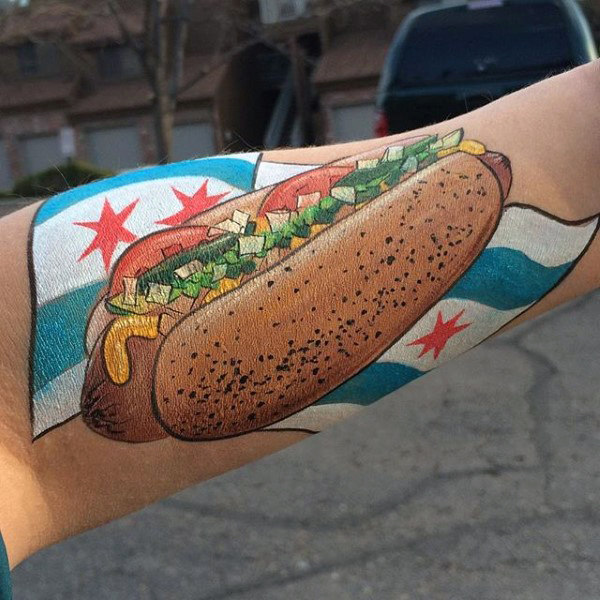 Chicago Flag And Hot Dog Tattoo On Forearm