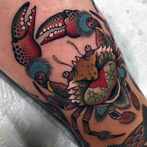 Colorful Artistic Crab Tattoo On Arm