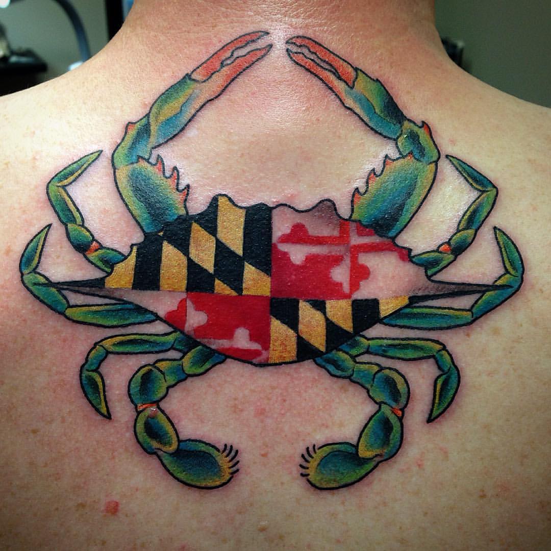 Colorful Crab Tattoo On upper back for Men