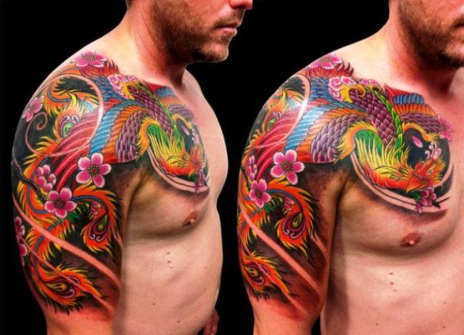 Colorful Japanese Phoenix Tattoo On Half Sleeve And Shoulder
