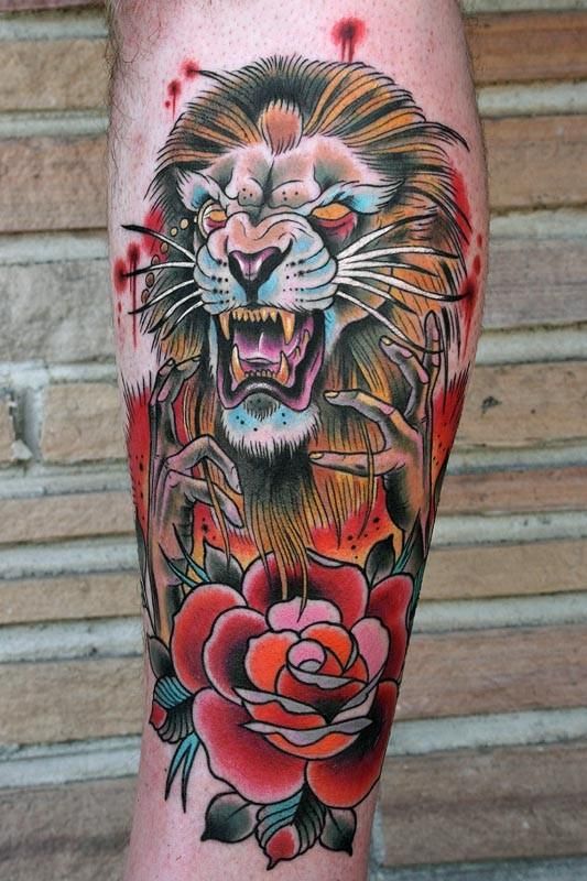 Colorful Lion And Rose Flower Tattoo On Leg